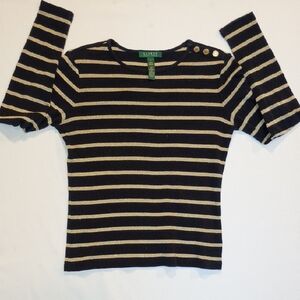 Lauren Ralph Lauren Black Metallic Gold Striped Nautical Sweater Sz Small Luxe